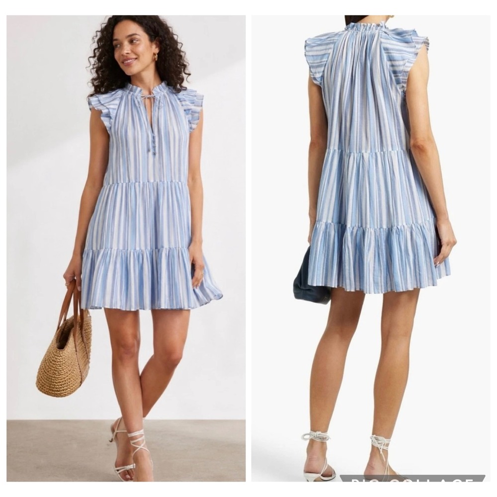 Veronica Beard Blue White‎ Striped Tiered Cotton Mini Dress Sleeveless Size 2